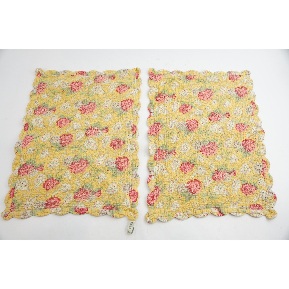 Elsa C. Quilted Placemats Set of 2 Yellow Red Floral Scalloped Reversible VGC